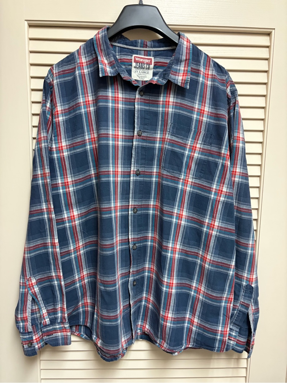 Wrangler Jeans Co Plaid Button Up Shirt Mens 2XL Blue Red Cotton LS Workwear